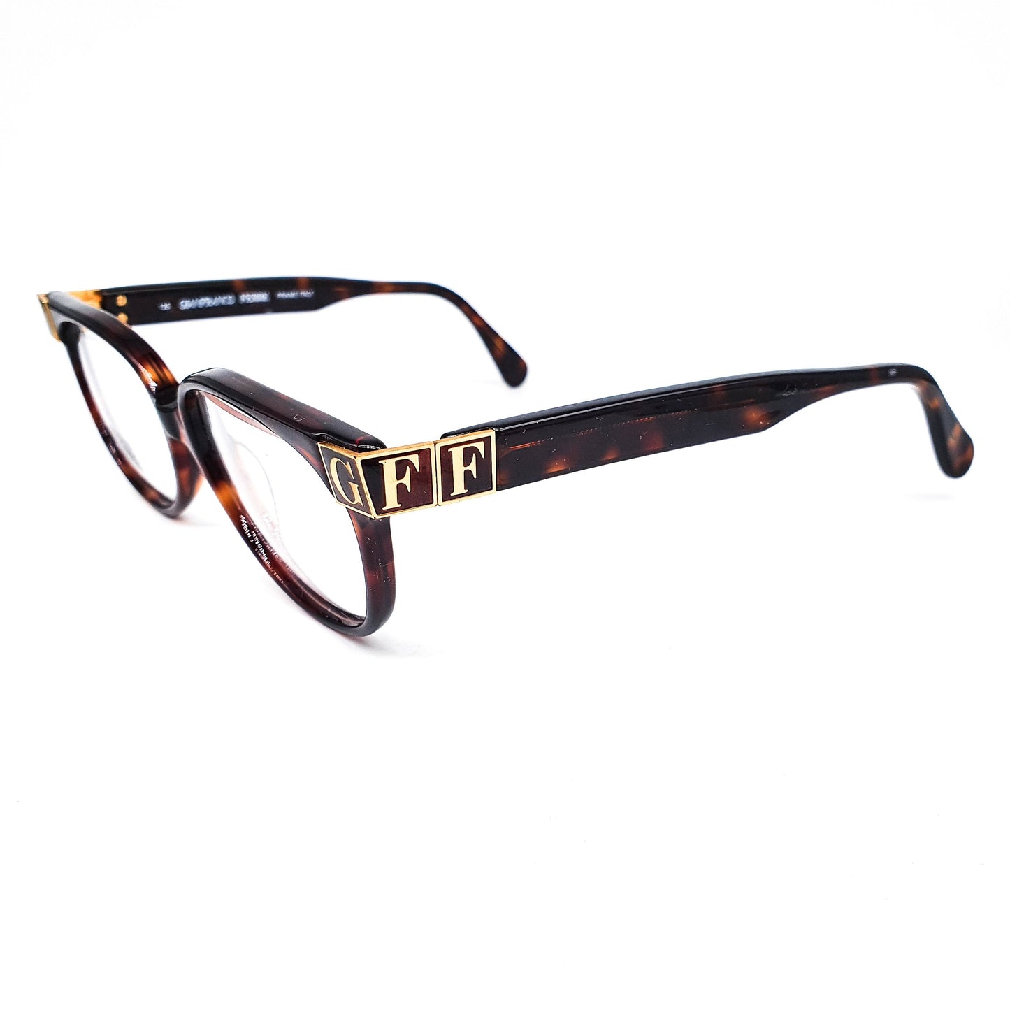 Gianfranco Ferré GFF106 tortoise eyeglasses frames with huge branding details hand made in Italy, 1980s nos