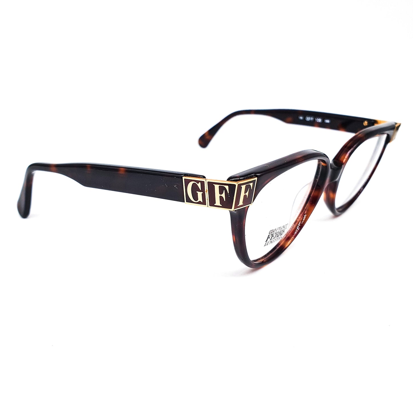 Gianfranco Ferré GFF106 tortoise eyeglasses frames with huge branding details hand made in Italy, 1980s nos