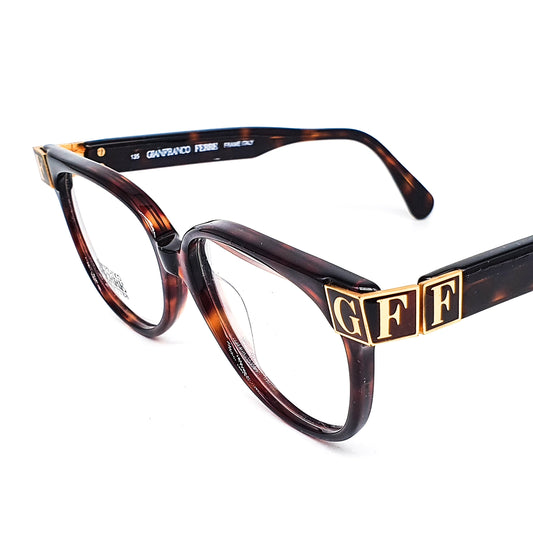 Gianfranco Ferré GFF106 tortoise eyeglasses frames with huge branding details hand made in Italy, 1980s nos