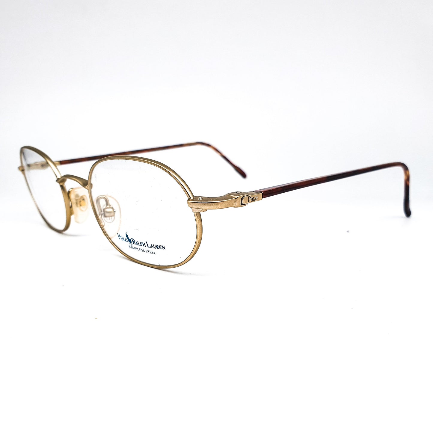 Polo Ralph Lauren retro geeky oval matt gold eyeglasses frames with tortoise temples, 90s NOS