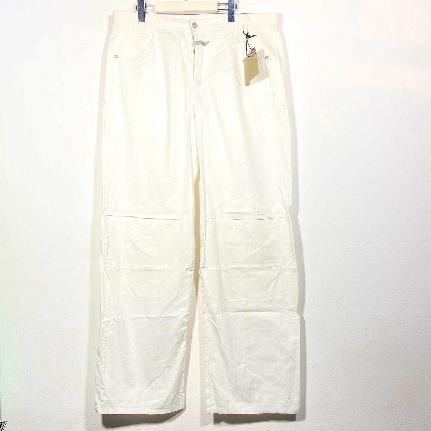 Marithe F. Girbaud 90s NWT white cotton trousers, cool pattern with denim waist and pockets and reinforced knees