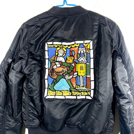 Alpha Industries reversible One of a kind cathedral stained glass Jesus / Satan hand embroidered bomber jacket