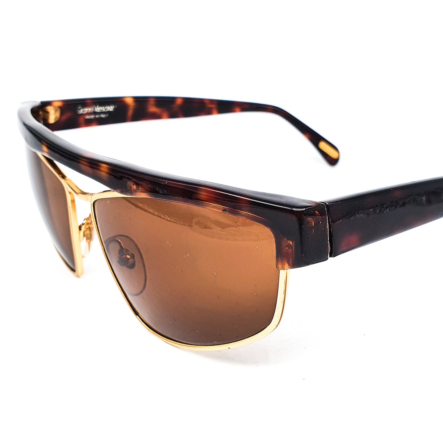 Gianni Versace 740 medusa cello tortoise flat browline sunglasses with biker style lenses in brown Made in Italy, NOS 1990s