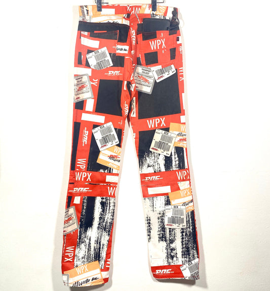Paradise Calling cool allover print of shipping labels and barcodes, DHL WPX new with tags, unusual and rare, 90s NOS