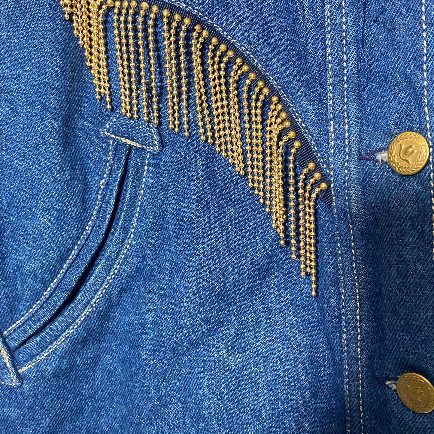 Moschino Jeans rare cowboy style denim jacket with golden fringes, collectible piece, 90z and mint