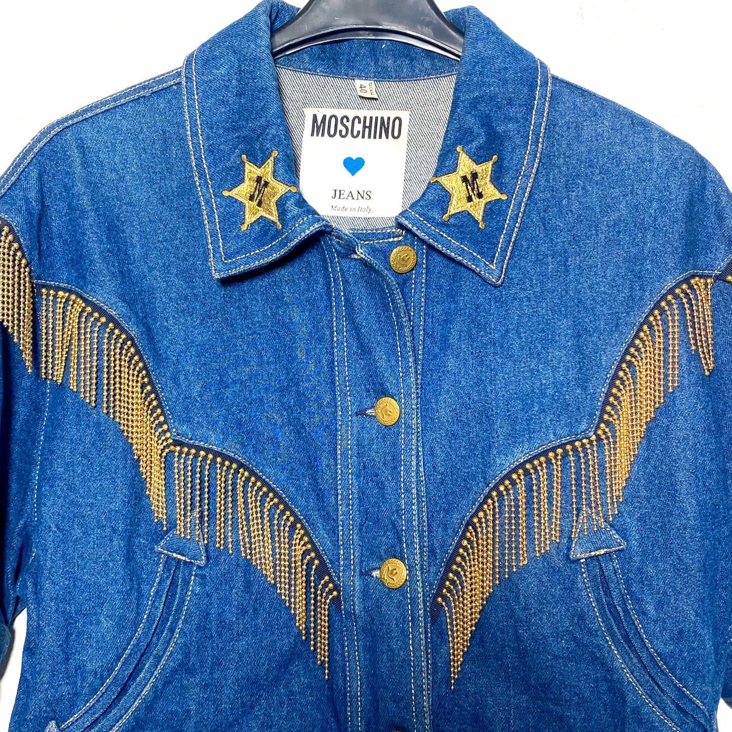 Moschino Jeans rare cowboy style denim jacket with golden fringes, collectible piece, 90z and mint