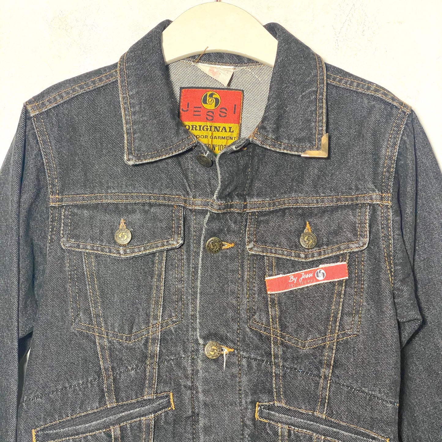 Lucifer anger patched ladies grey denim trucker jacked by Jessi INLT, made in. italy in the 80s, perfect