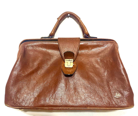Vintage doctor bag Le Sac Jorgette, brown cuir with golden metal clasp and details, 80s France Mint