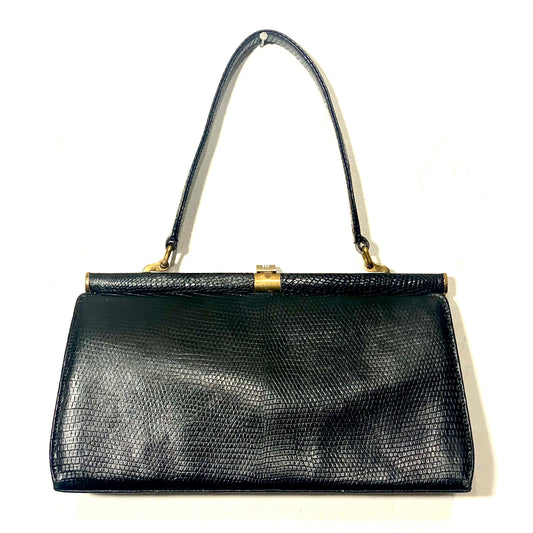 Black lizard hand bag with carved brass details, 1950s Italy great condition