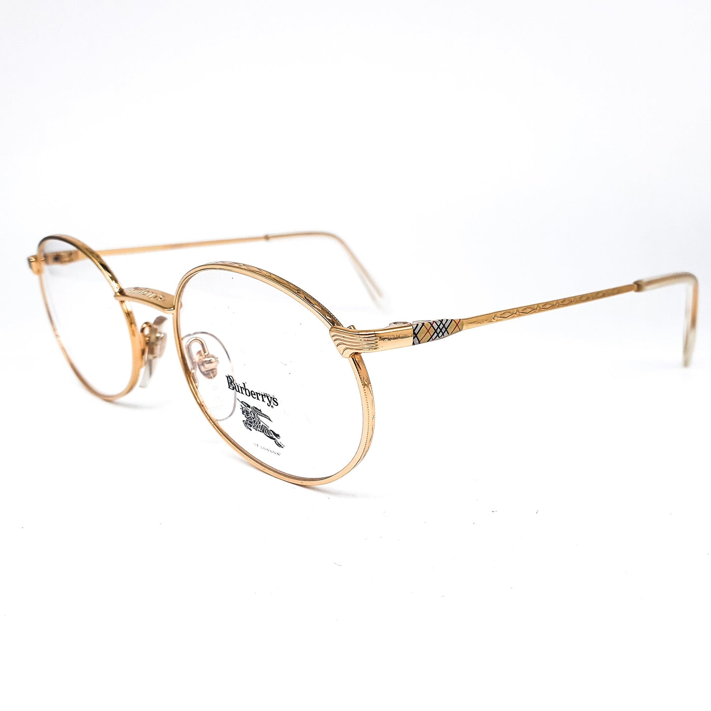 Burberrys B56-01 vintage modernist golden metallic oval eyeglasses frames with classic tartan on the temples, NOS 90s France