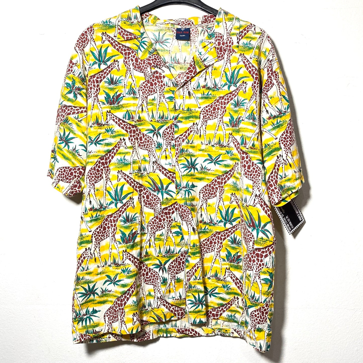 Max Rob safari-savana giraffes print yellow aloha shirt, pure cotton, 80s mint condition