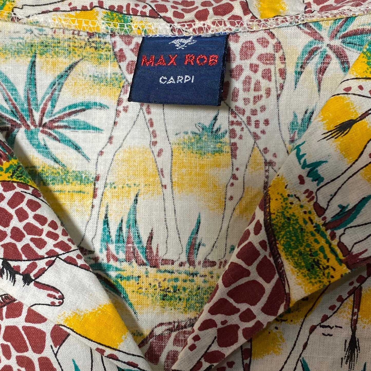 Max Rob safari-savana giraffes print yellow aloha shirt, pure cotton, 80s mint condition