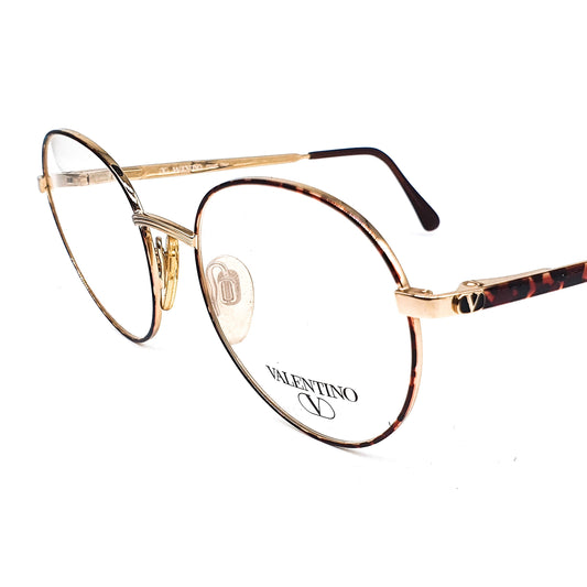 Valentino v426 geeky vintage round eyeglasses frames with slim tortoise metal rim and temples, 1980s NOS Italy