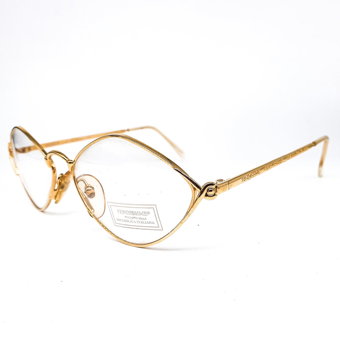 Fendissime satin gold drop shaped lenses with pointing browline minimalistic eyeglasses frames made in Italy, 1980s NOs