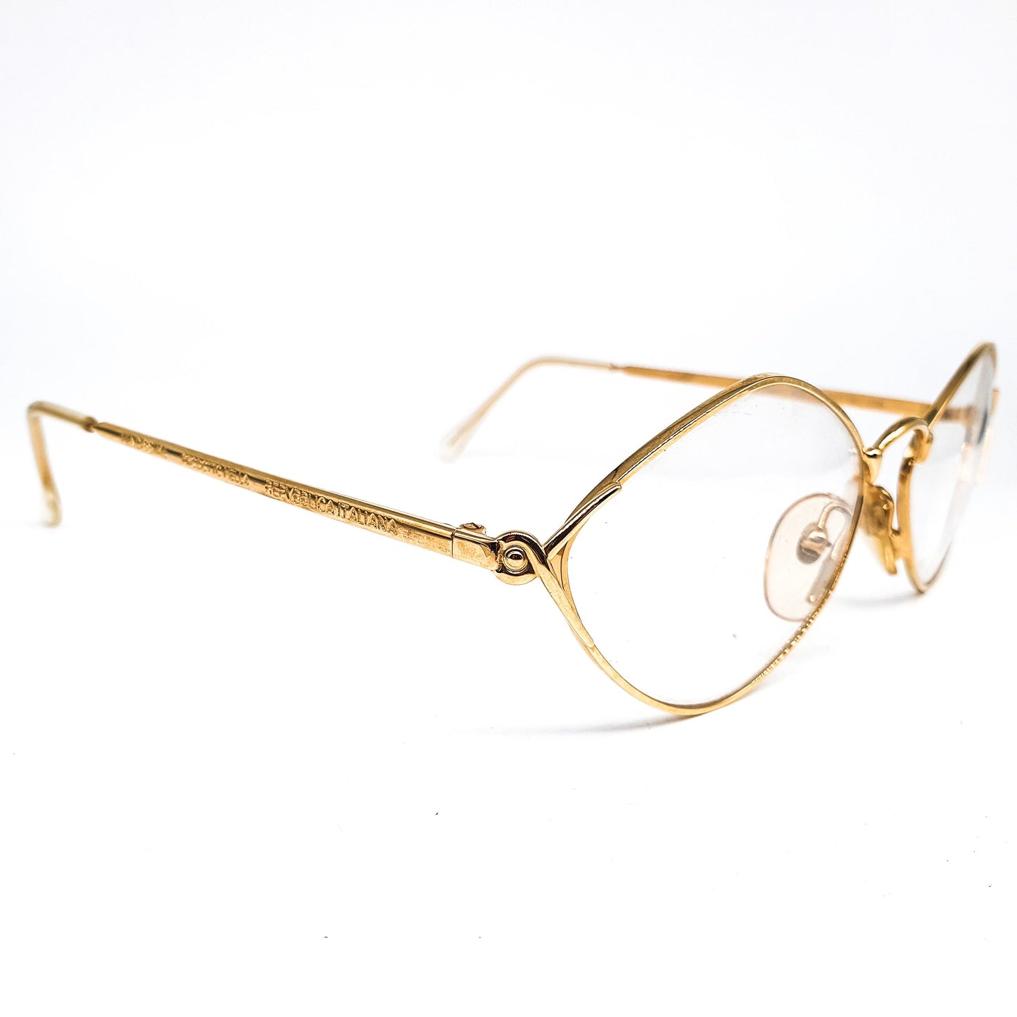 Fendissime satin gold drop shaped lenses with pointing browline minimalistic eyeglasses frames made in Italy, 1980s NOs