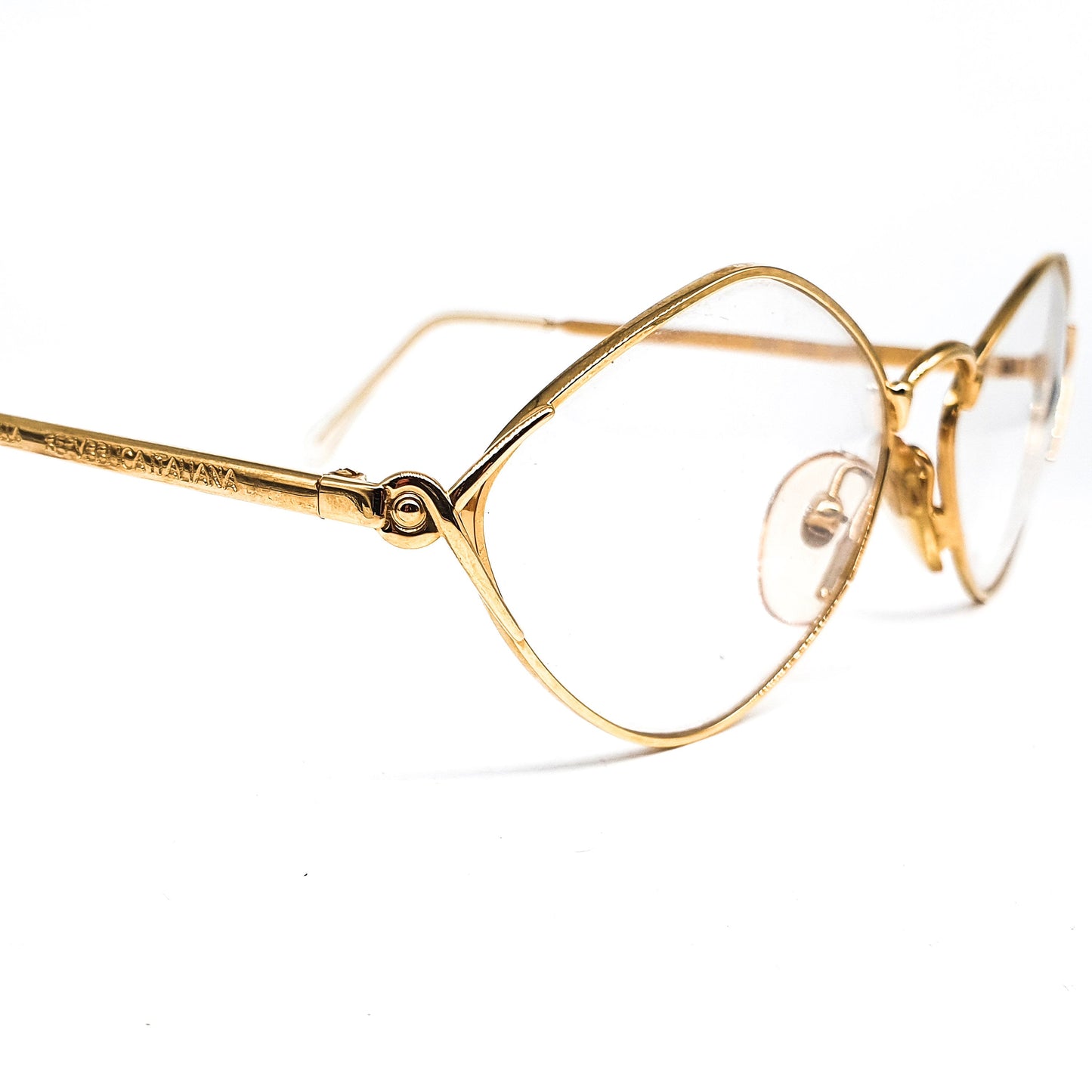 Fendissime satin gold drop shaped lenses with pointing browline minimalistic eyeglasses frames made in Italy, 1980s NOs