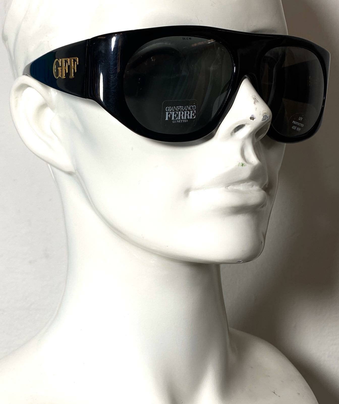 Gianfranco Ferrè GFF 111/S polished flat top mask oversized sunglasses w/ carve gold brand name, NOS 1990s