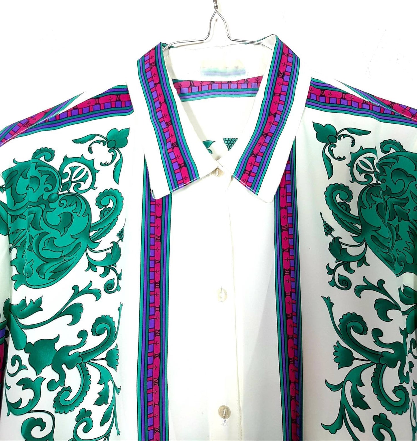 White Baroque shirt with purple / green calendar themed print, beautiful and minty, 80s Italy