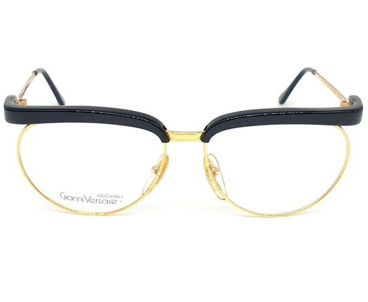 Gianni Versace V86 gorgeous oversized eyeglasses, black cutoff wings frame and golden temples, 90s NOS