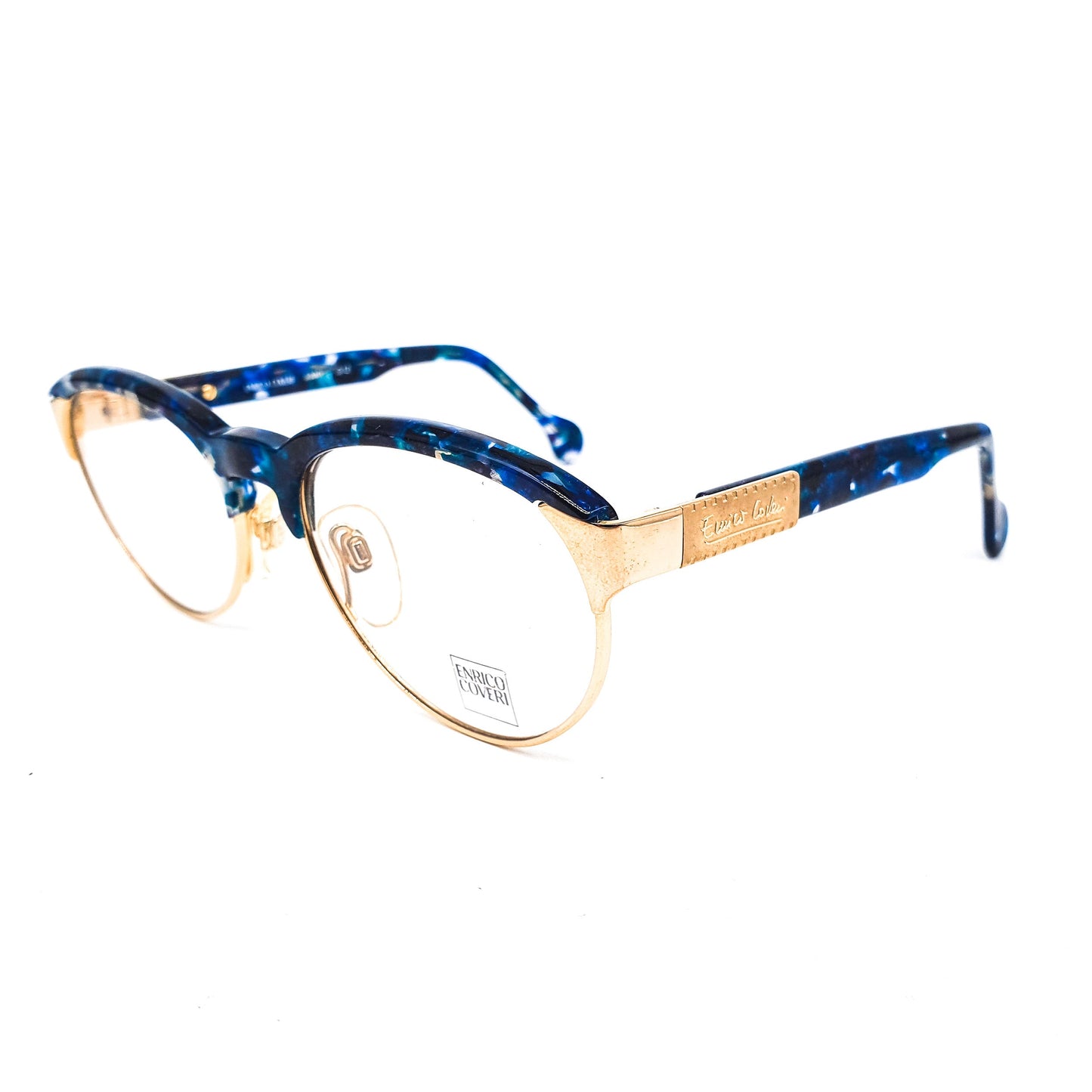 Enrico Coveri 201 blue cellulose clubmaster eyeglasses frames with golden rim and hinges, 1990s NOS Italy