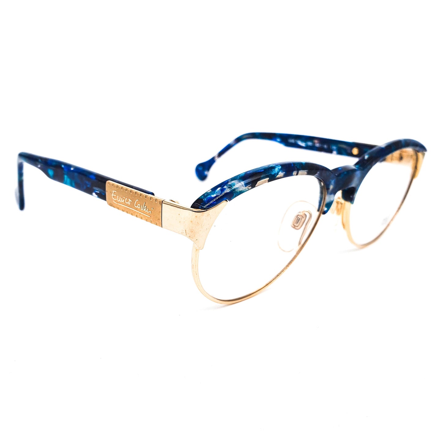 Enrico Coveri 201 blue cellulose clubmaster eyeglasses frames with golden rim and hinges, 1990s NOS Italy