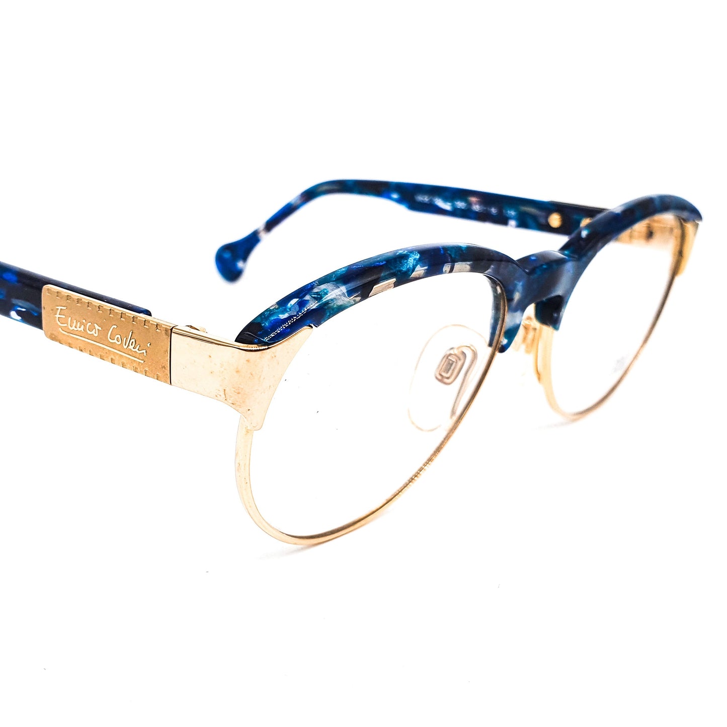 Enrico Coveri 201 blue cellulose clubmaster eyeglasses frames with golden rim and hinges, 1990s NOS Italy