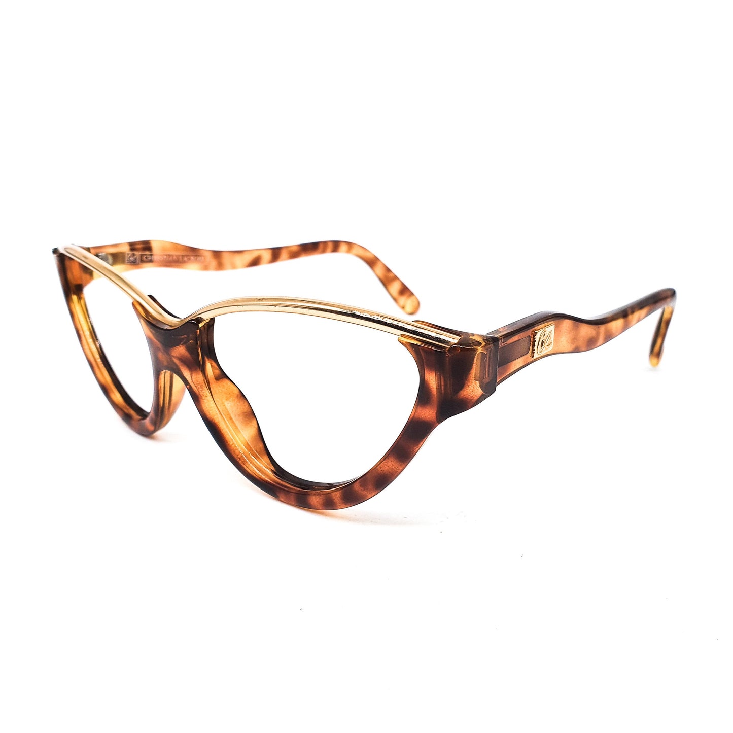 Christian Lacroix vintage brown tortoise acetate cateye eyeglasses frame with shiny gold browline and special wavy temples, 80s nos Germany