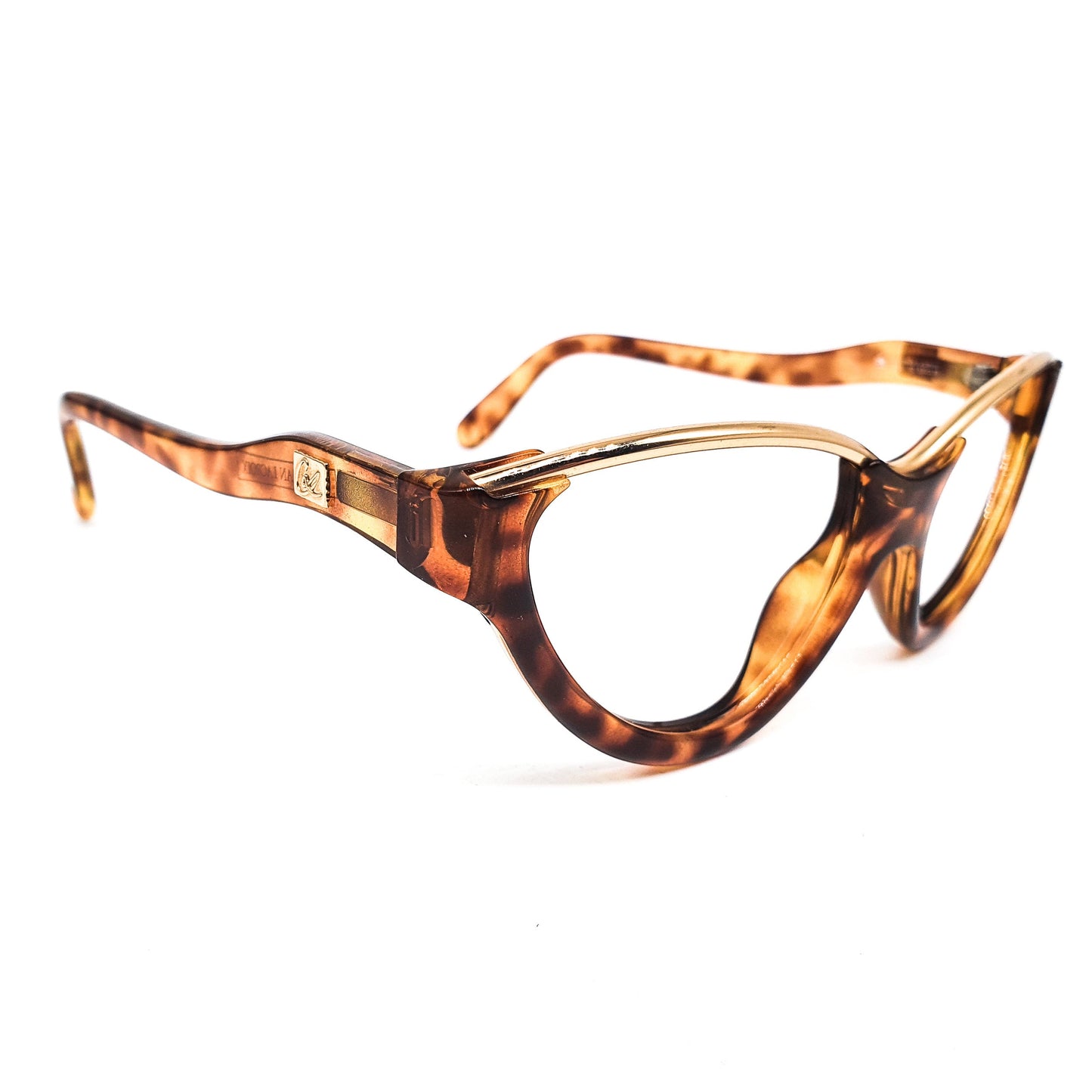 Christian Lacroix vintage brown tortoise acetate cateye eyeglasses frame with shiny gold browline and special wavy temples, 80s nos Germany