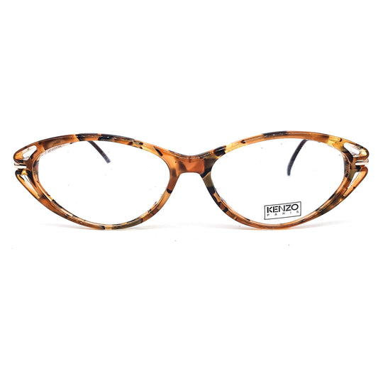 Kenzo k156 mosaico vintage classic cateye style semi amber acetate eyeglasses frames with cut off end part design, 80s France