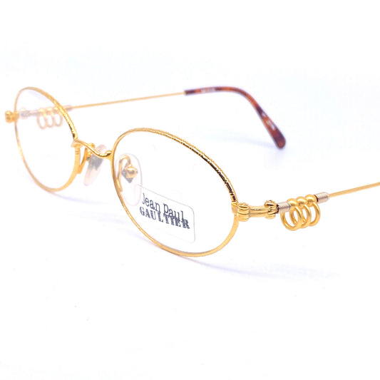 Junior Gaultier 55-5101 oval gold plated frames with coolest rings & Springs detail on the temples and hinges, NOS 90s japan.