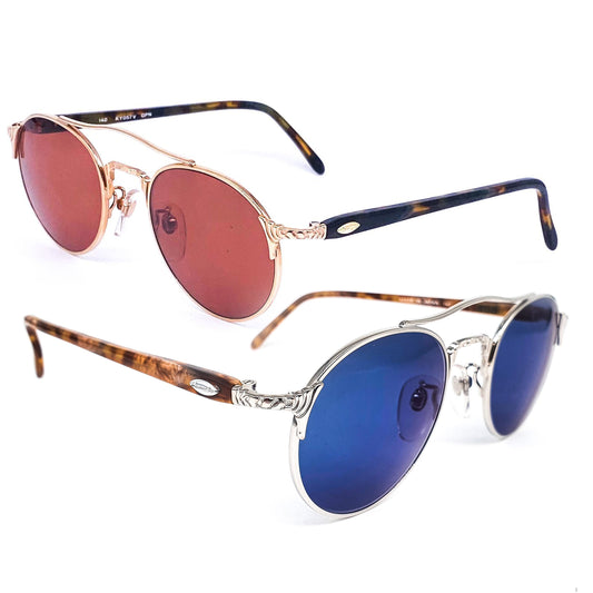 Kansai minimalist round golden metallic aviator sunglasses with acetate tortoise temples made in Japan, 1980s NOS