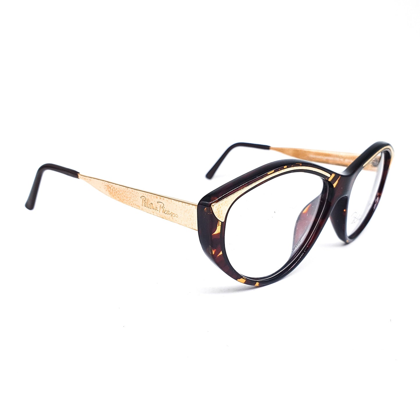 Paloma Picasso 3733  gold metal/ brown translucent tortoise cello droplet eyeglasses frames made in Germany, NOS 1990s