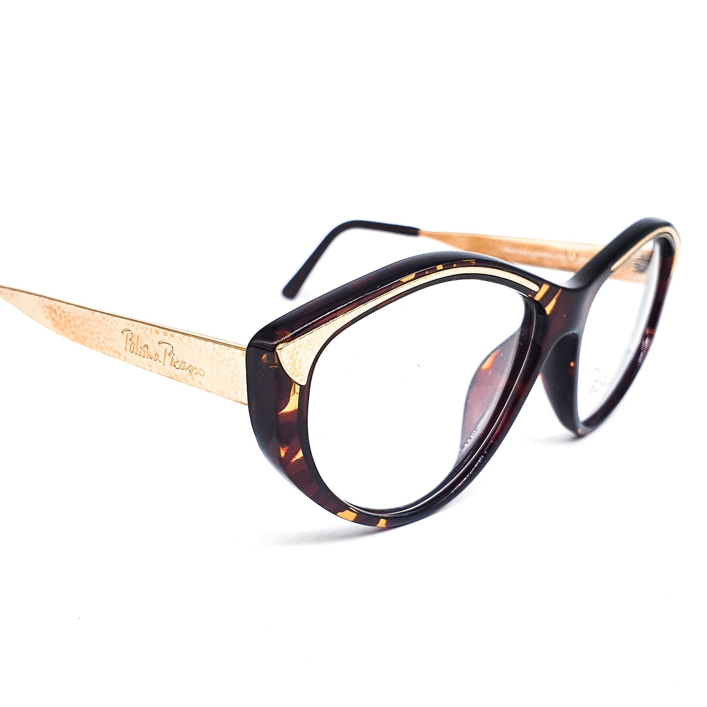 Paloma Picasso 3733  gold metal/ brown translucent tortoise cello droplet eyeglasses frames made in Germany, NOS 1990s