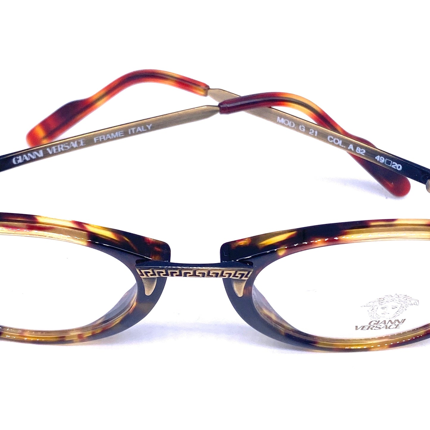 Gianni Versace G-21 round tortoise eyeglasses with carved greek antique brass temples and bridge, NOS 90s