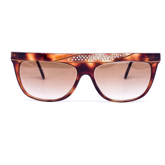 Premiere 104 P1 cello brown tortoise sunglasses enriched with rhinestones and a thick flat browline design, Made in France in mint condition