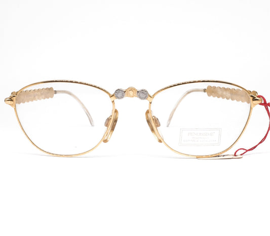 Fendissime satin gold minimalistic eyeglasses frames with golden/silver coinages details made in Italy, 1980s NOs