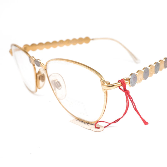 Fendi satin gold minimalistic eyeglasses frames with golden/silver coinages details made in Italy, 1980s NOs