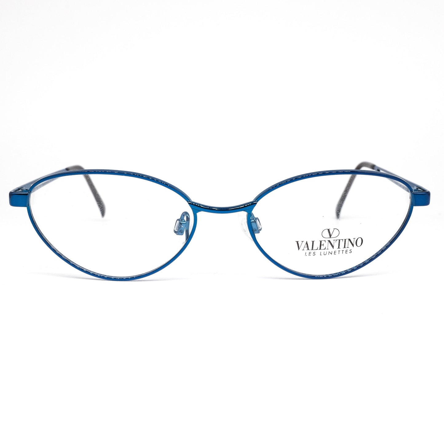 Valentino V452 blue metallic cateye eyeglasses frames with cut off temples design NoS 80s Italy