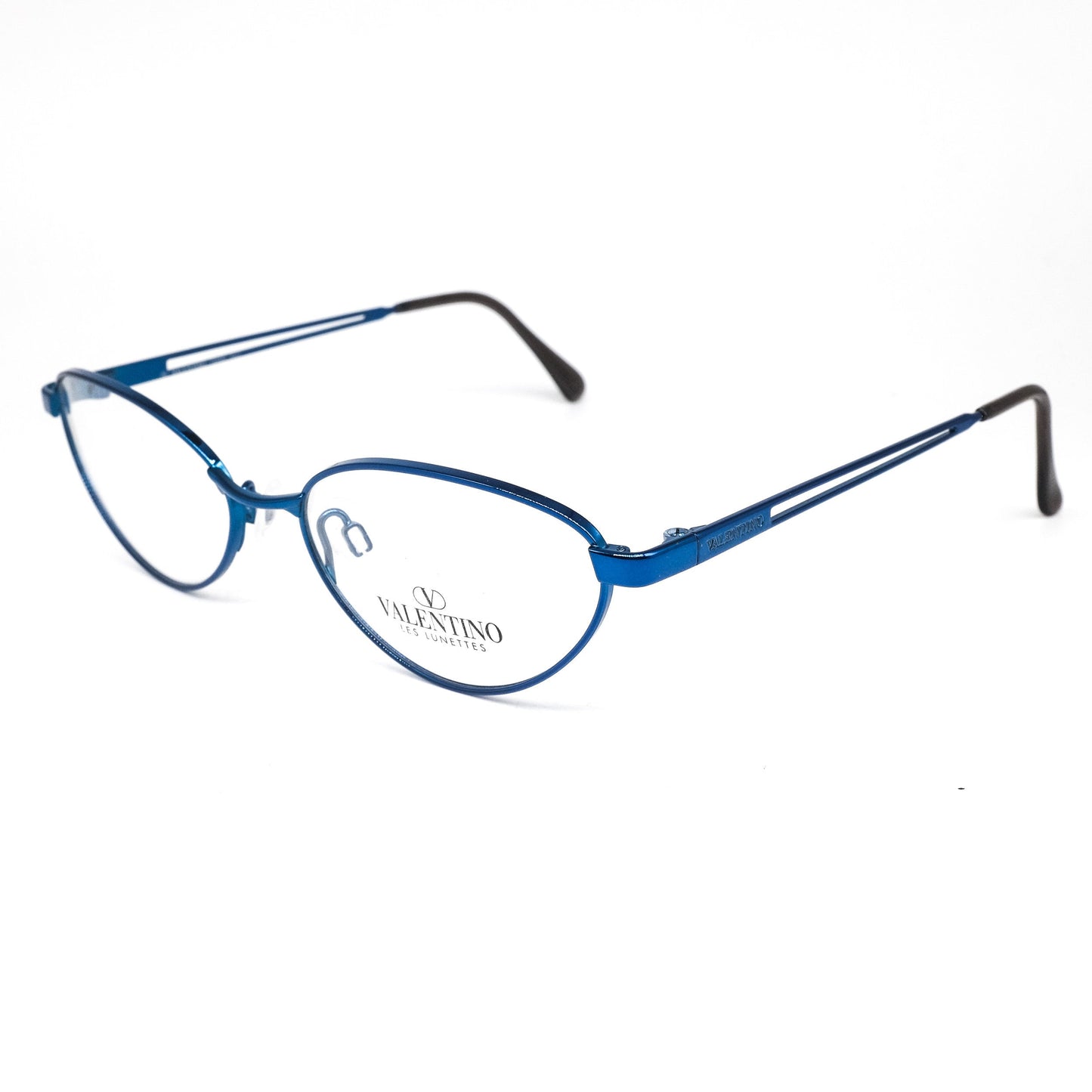 Valentino V452 blue metallic cateye eyeglasses frames with cut off temples design NoS 80s Italy