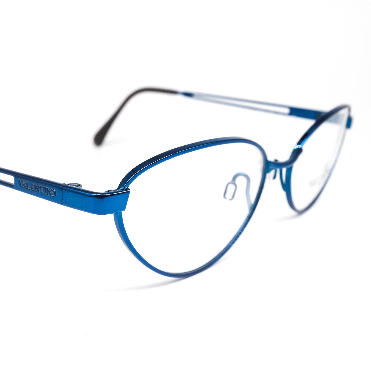 Valentino V452 blue metallic cateye eyeglasses frames with cut off temples design NoS 80s Italy