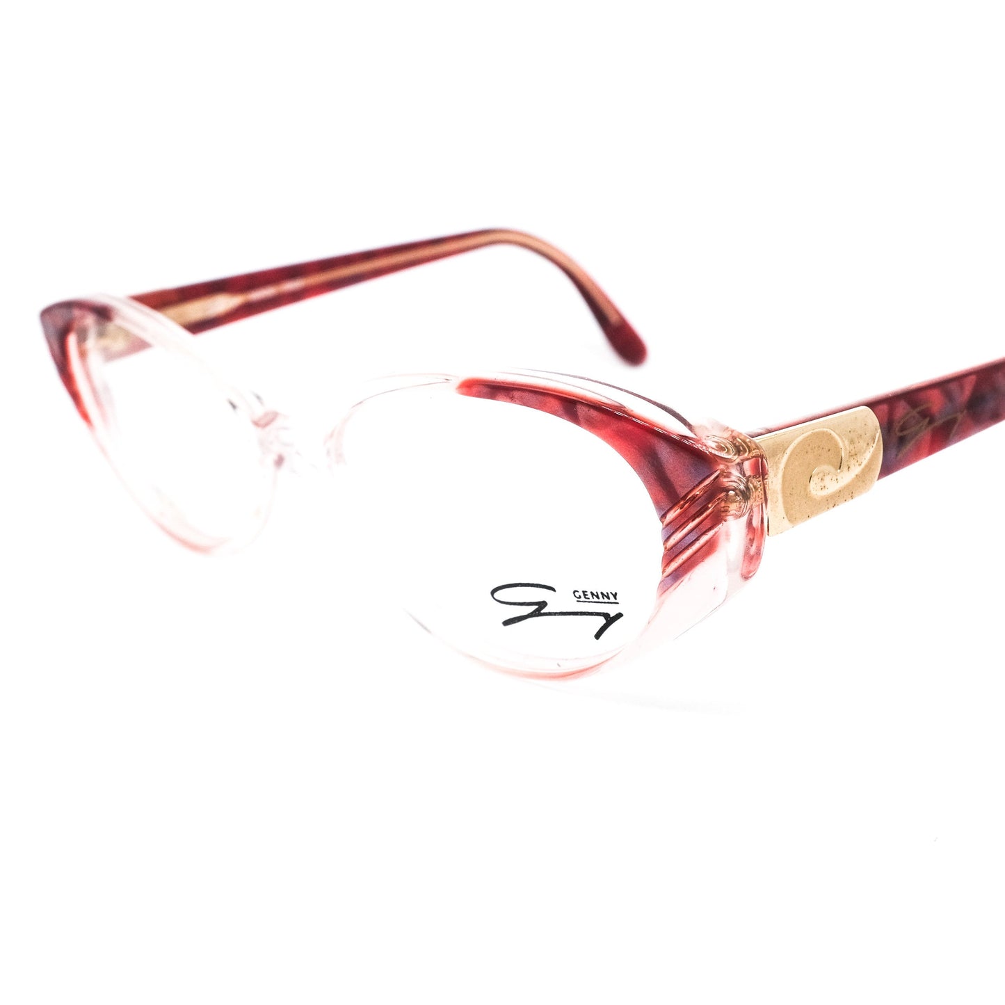 Genny 164 cat eye eyeglasses frames in clear acetate tinted to red close to nicely carved end parts of rim with red temples, Italy 70s NOS