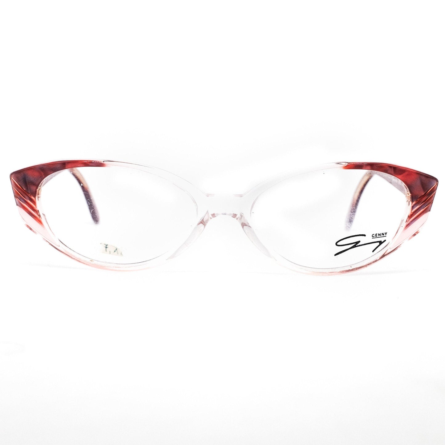 Genny 164 cat eye eyeglasses frames in clear acetate tinted to red close to nicely carved end parts of rim with red temples, Italy 70s NOS