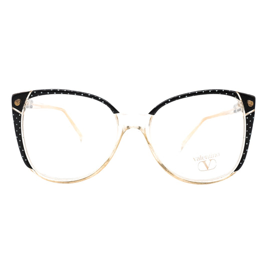 Valentino 124 Oversized butterfly shaped clear eyeglasses frames with white polka dots with black background colour, 1980s NOS Italy