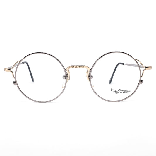 Byblos b506 vintage large metallic round steampunk eyeglasses frames in silver metal with cut off hinges and golden bridges, NOS 80s Italy