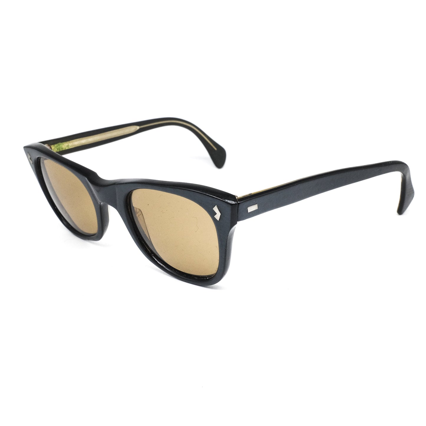 Vintage black cello wayfarer with yellow round square lenses and V shaped pins on the rim made in the 80s in good vintage condition