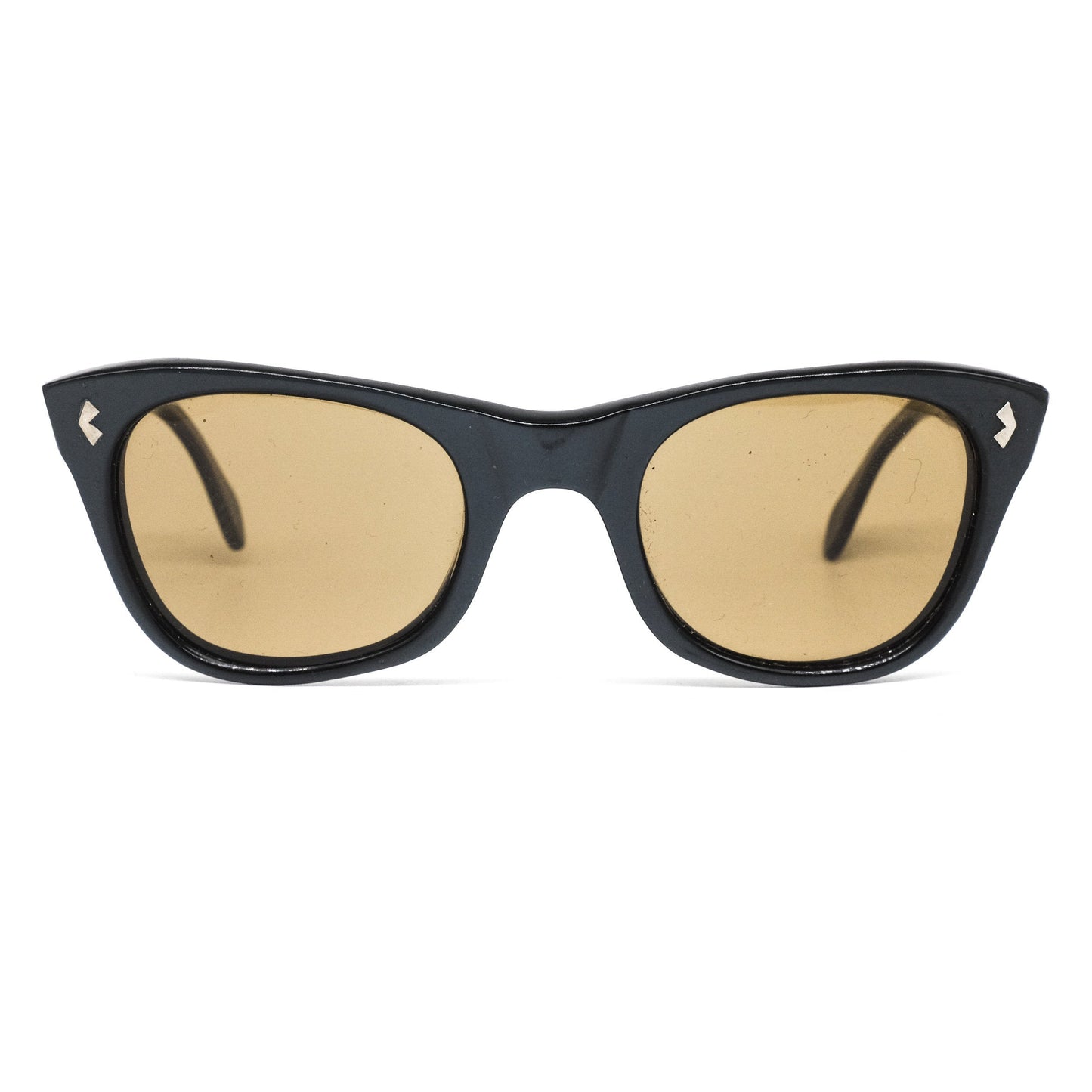 Vintage black cello wayfarer with yellow round square lenses and V shaped pins on the rim made in the 80s in good vintage condition