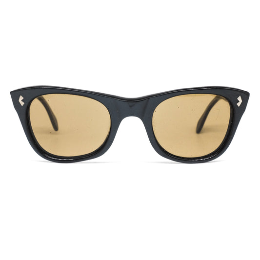 Vintage black cello wayfarer with yellow round square lenses and V shaped pins on the rim made in the 80s in good vintage condition