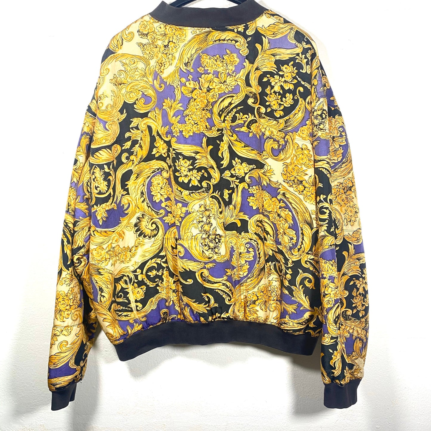 Melrose vintage baroque silk bomber jacket, golden floral motif over black & lilac base, great condizion sz L