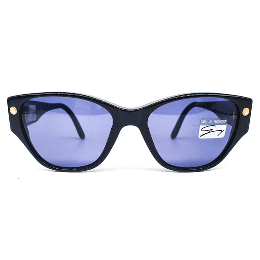 Genny 169s black cellulose acetate cat eye sunglasses With dark blue lenses and shinny golden pins, Italy 70s NOS