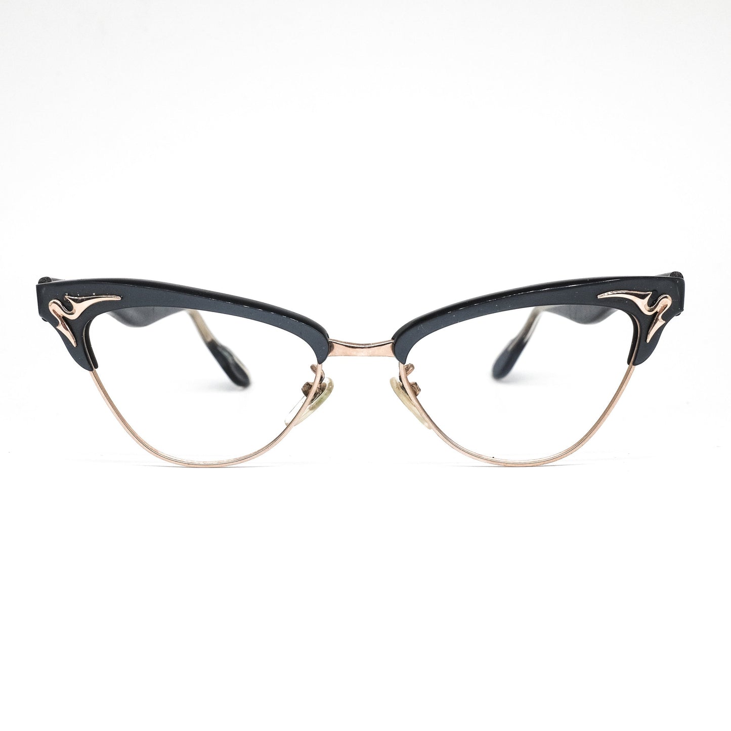 Bausch and Lomb B&L cello eyeglasses frames in clubmaster and cateye design with golden details, 1980s NOS USA